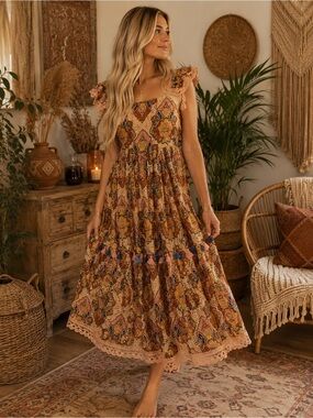 NWT OLLARI NEW YORK Sz small fully lined maxi square neck dress colorful pattern